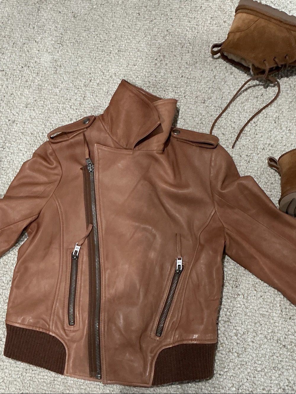 Leather Moto Jacket in Cognac Brown - Women